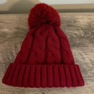 Neosan Pom Pom Cable Knit Beanie Hat Dark Red Faux Fur Lining